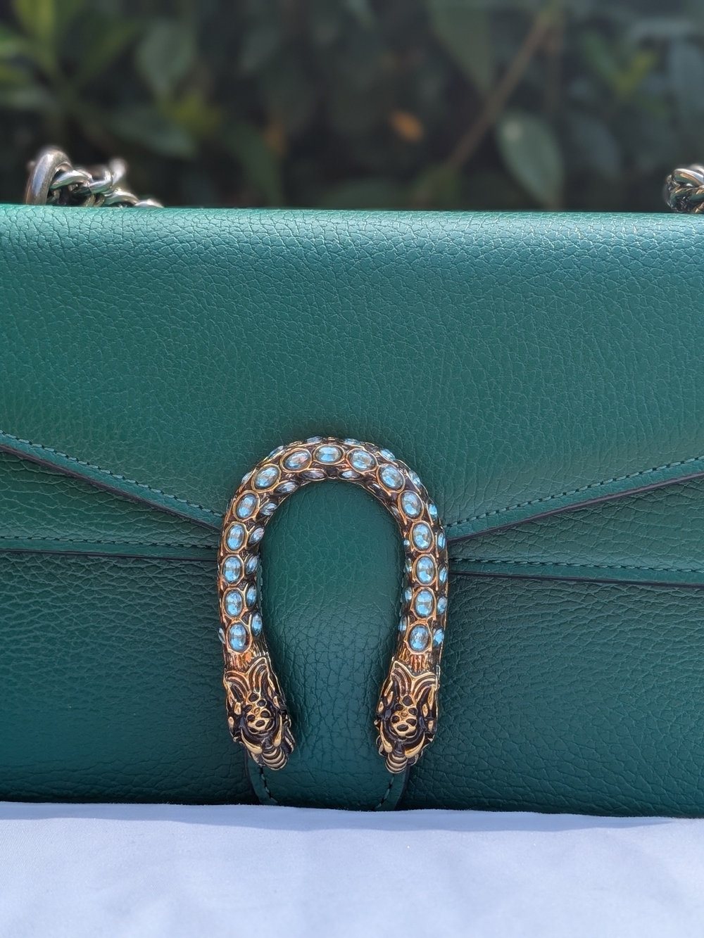 Tiffany & Fred Paris Crested Dragon Emerald Green Leather Bag Silver Chain NWT - Picture 2 of 16